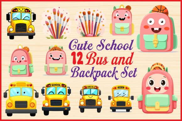 Cute School Bus Backpack Clipart Set for Classroom Creativity