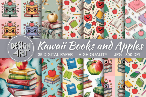 Kawaii Books and Apples Pattern for Creative Projects